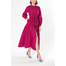 Fuşya Beli Lastikli Büzgülü Uzun Elbise 93842
