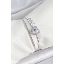 Pirinç Gümüş Renk Kalpli Zirkon Taşlı Kadın Bileklik