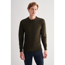 Koyu Haki Bisiklet Yaka Uzun Kol Cepsiz Comfort Fit Pamuklu Triko Kazak 1012255220