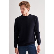 Koyu Lacivert Bisiklet Yaka Uzun Kol Cepsiz Comfort Fit Classic Yünlü Triko Kazak 1012255207