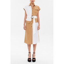 Bej Piliseli Kemerli Midi Elbise 93288