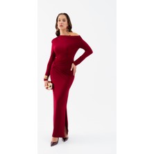 Kadın Bordo Düğüm Detay Uzun Örme Elbise