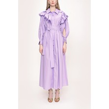 Lila Yakası Volanlı Gömlek Elbise  93510