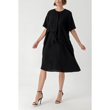 Siyah Kontrast Dikiş Detaylı Bol Kesim Elbise 94277