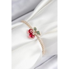 Pirinç Zirkon Taşlı Kiraz Model Gold Renk Asansörlü Kadın Bileklik