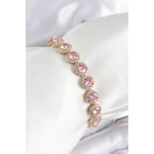 Pirinç Pembe Zirkon Taşlı Daire Baget Model Gold Renk Vıp Seri Kadın Bileklik