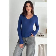 Kadın Likralı V Yaka Uzun Kollu Bluz – Esnek & Günlük Şıklık