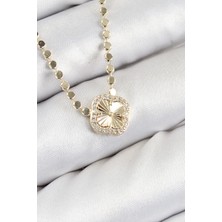 Pirinç Zirkon Taşlı Yonca Model Ezme Zincir Gold Renk Kadın Kolye