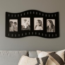 Duvar Fotoğraf Çerçevesi Film Rulo Desenli Fotoğraf Çerçeve Ahşap 4 Fotoğraf Kapasiteli Pano Siyah