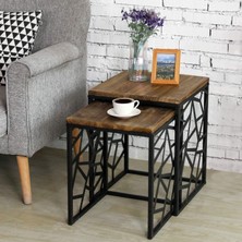 Modern Çok Amaçlı Siyah Metal Ayak 2'li Doğal Ahşap Zigon Sehpa