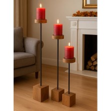 Dekoratif 3 Lü Uzun Şamdan & Mumluk Metal Black Wood