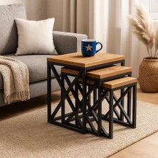 Modern Estetik Çok Amaçlı Siyah Metal Ayak 3'lü Doğal Ahşap Zigon Sehpa