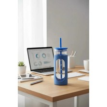 Miniso Silikon Kılıflı Pipetli Borosilikat Cam Şişe 475 ml Mavi