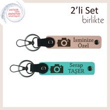 Miawiki Lensin Ardındaki Kalp, Kamera Motifli, Kişiye Özel 2’li Anahtarlık Hediyesi, Yavru Ağzı-Turkuaz