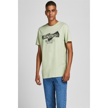 Jack & Jones 12205944_Jorcomfortbranding Tee Bisiklet Yaka Standart Kalıp Baskılı Açık Yeşil Erkek