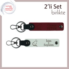 Miawiki Kedi Tarzına Yakışan, Tatlı Desenli, Kişiselleştirilebilir Yazılı Deri Anahtarlık, Bordo-Beyaz