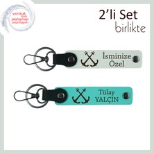 Miawiki Yelkenli Sevdasına Uygun Hediye, Çıpa Motifli Isim Yazılabilir Deri Anahtarlık Takımı, Beyaz-Turkuaz