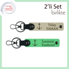 Miawiki Yelkenli Kursu Mezunlarına Uygun Armağan, Çapa Motifli Kişisel Deri Anahtarlık, Sütlü Kahve-F Yeşil