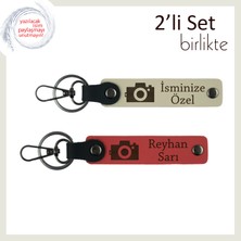 Miawiki Anı Dolu Çiftlere Özel, Kamera Motifli, Kişisel 2’li Anahtarlık Takımı, Sütlü Kahve-Nar Çiçeği