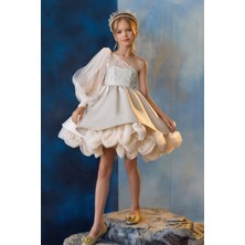 Kız Çocuk Abiye Gül Detaylı Tek Kol Elbise