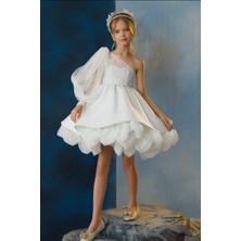 Kız Çocuk Abiye Gül Detaylı Tek Kol Elbise