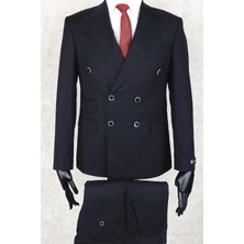 Jan Carlucci Slim Fit Geniş Sivri Yaka-Çift Yırtmaç  Lacivert Çift Cep Kruvaze Drop 6 Takım Elbise