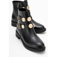 Çift Aksesuar Kemerli Bot Siyah Cilt