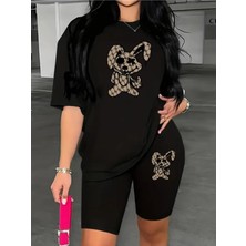 Alt-Üst Tavşan Baskılı Kısa Tayt T-Shirt Oversize Salaş Boyfriend Takım