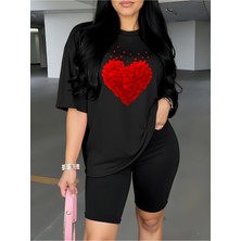 Kadın Romantik Kırmızı Kalp Baskılı T-Shirt, Scuba Dalgıç Kısa Tayt ( Tayt Tişört Takım )