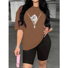 Kadın Fermuar Kedi Baskılı T-Shirt Tayt (Kısa) Takım Kombin Oversize Salaş