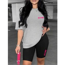 Kadın Baskılı Kısa Tayt Oversize Salaş Boyfriend T-Shirt Takım