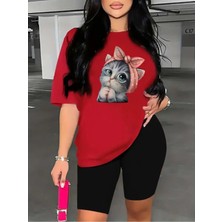 Kadın Sevimli Kedi Baskılı T-Shirt Tayt Takım Kombin Oversize Salaş Boyfriend