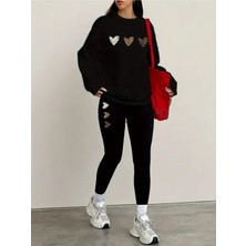 Kadın Siyah Tayt - Sweatshirt Takım 2'li Kombin Oversize Salaş Boyfriend