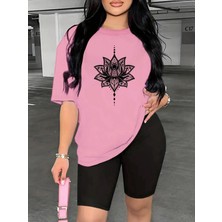 Kadın Nilüfer Grafik Baskılı T-Shirt, Scuba Dalgıç Kısa Tayt Takım Kombin (Tayt Tişört Takım)
