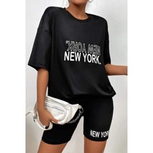 Kadın Baskılı Tayt T-Shirt Takım Kombin Oversize Salaş Boyfriend