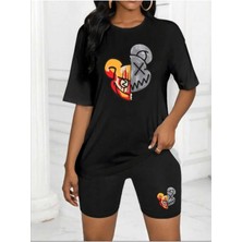Baskılı Kısa Tayt Oversize Salaş Boyfriend T-Shirt Takım