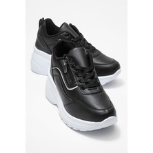 Kadın Fermuarlı Bağcıklı Spor Ayakkabı; Siyah Beyaz Taban