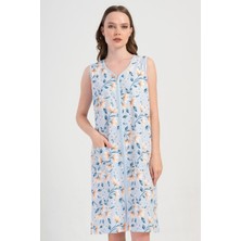 Kadın Mavi Renk Sıfır Kollu Fermuarlı V Yaka Cepli Çiçek Desenli Ev Elbisesi C4T9N1904