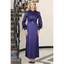 Lara Saten Kemerli Tesettür Abiye Lacivert