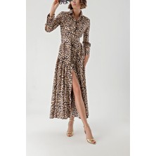 Leopar Büzgülü Uzun Gömlek  Elbise 94319