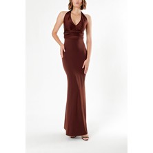 Kahve Derin V Yaka Örme Kumaş Elbise  91733