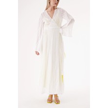 Beyaz Sarı Transparan Astarlı Kruvaze Elbise 94357