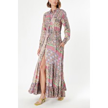 Desenli Kapitone Dikiş Detaylı Büzgülü Gömlek Elbise 94203