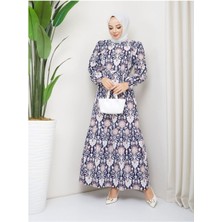 Terikoton Büzgülü Desenli Elbise Lacivert