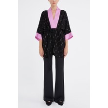 Siyah Kontrast Renkli Kimono Bluz 19757
