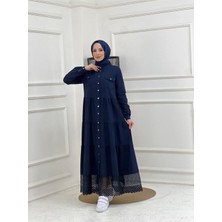 Dantelli Doğal Kumaşlı Boydan Düğmeli Kot Elbise Lacivert