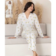 Kadın Uzun Kollu Pijama Beyaz Sarı