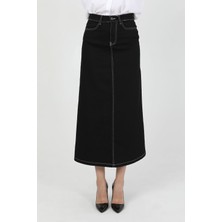 Doğal Kumaşlı Kontrast Dikişli Kot Etek Siyah