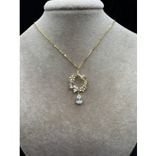 Ithal Damla Taş Sallantılı Çiçek Çemberi Gold Kadın Gümüş Kolye