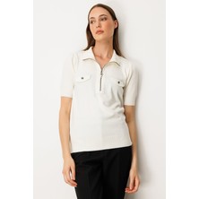 On Kadın Yakası Fermuarlı Kısa Kol Triko Kazak 65330 Ekru